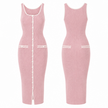 White and Pink Sleeveless Ribbed Midi Dress