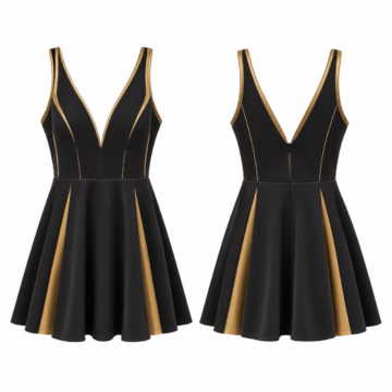 Gold and Black Sleeveless V-Neck Skater Mini Dress