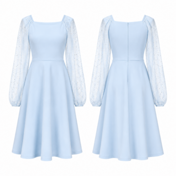 Sky Blue and White Square Neck Bishop Sleeve A-Line Dress