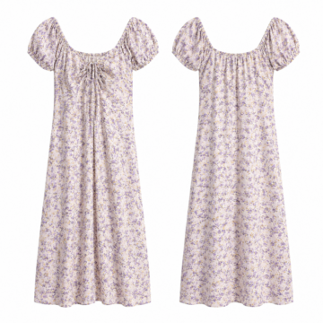 Purple and Gold Ditsy Floral Square Neck Midi Dress