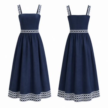 Navy and White Sleeveless A-Line Midi Dress with Lace Trim